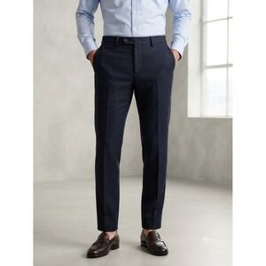 Men's Navy Blue Dress Trousers Slim Fit Flat Front Tailored Pants Size 31/30